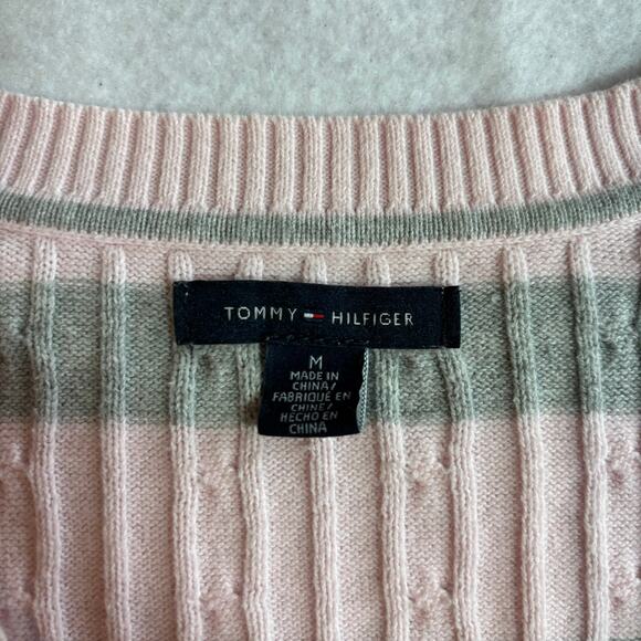 Vintage Y2K Tommy Hilfiger Cable Knit V-Neck Sweater Pink Gray Women's M - Picture 4 of 6